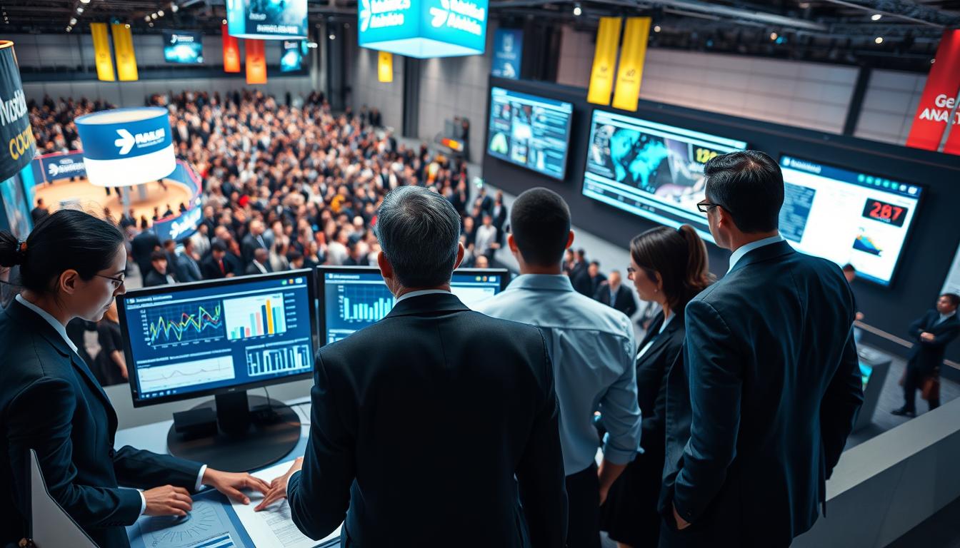 A dynamic scene capturing the essence of strategy and execution in a vibrant setting, focusing on a diverse team of professionals in business attire engaging in strategic discussions while analyzing modern analytics on digital screens. In the foreground, a diverse group of individuals studies data visualizations and statistics with intense concentration, surrounded by charts and graphs. The middle layer features a high-tech command center, with monitors displaying live data feeds and logistics diagrams. In the background, the bustling atmosphere of a prestigious event underscores the anticipation and excitement as crowds gather. Bright, focused lighting emphasizes the seriousness of the work, creating a mood of professionalism and determination. The camera angle should be slightly elevated, providing a comprehensive view of the collaborative environment. The overall atmosphere blends innovation and teamwork, highlighting the proactive approach to modern analytics in an event setting.