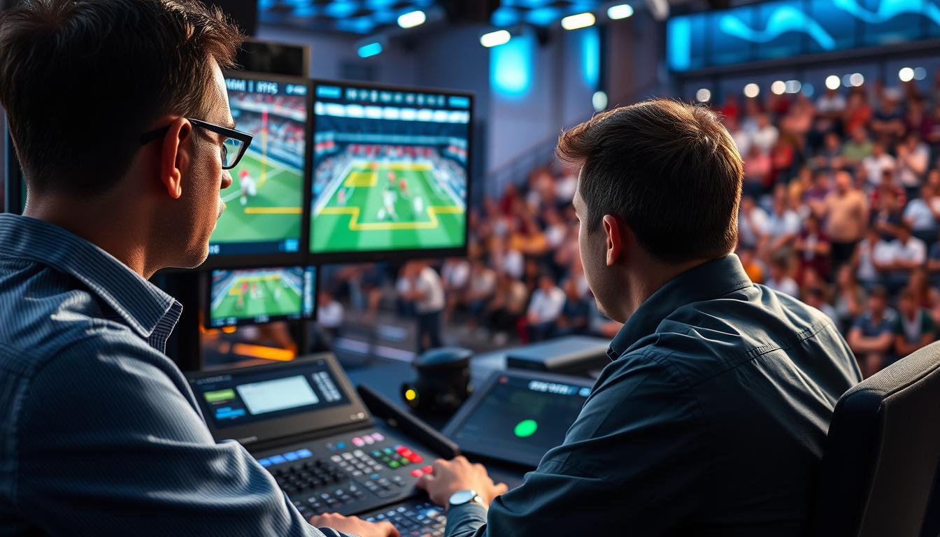 A dynamic sports analysis scene showcasing a replay of a critical sports moment, focusing on win probability swings. In the foreground, a professional EVS operator, dressed in smart casual attire, is intently monitoring multiple screens displaying various camera angles of the game. Telestration overlays highlight key player movements, with bright colors and transparent layers emphasizing tactical decisions. The middle ground features a high-tech broadcast studio, illuminated with cool blue and white lighting, enhancing the analytical atmosphere. In the background, blurred images of excited fans watching the game play out provide context and energy. The overall mood is intense and focused, capturing the essence of in-depth sports analysis with sharp detail and dynamic composition. A dynamic sports analysis scene showcasing a replay of a critical sports moment, focusing on win probability swings. In the foreground, a professional EVS operator, dressed in smart casual attire, is intently monitoring multiple screens displaying various camera angles of the game. Telestration overlays highlight key player movements, with bright colors and transparent layers emphasizing tactical decisions. The middle ground features a high-tech broadcast studio, illuminated with cool blue and white lighting, enhancing the analytical atmosphere. In the background, blurred images of excited fans watching the game play out provide context and energy. The overall mood is intense and focused, capturing the essence of in-depth sports analysis with sharp detail and dynamic composition.