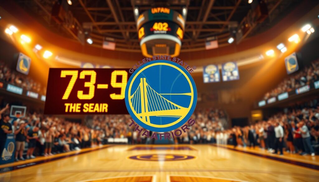 A dynamic sports scene showcasing the Golden State Warriors' historic 73-9 season record and Stephen Curry's three-point shooting record. In the foreground, depict a detailed scoreboard flashing the remarkable 73-9 record alongside a stylized graphic of a basketball with the number 402, representing Curry's three-point record. The middle ground features a vibrant basketball court with a cheering crowd blurred in the background. Use warm, glowing lighting to create a celebratory and triumphant atmosphere, highlighting the team's achievements. Capture the energy of a victorious moment with an upward angle from the court level, giving a sense of scale and importance to these records. The overall mood should be electric and inspiring, embodying the essence of championship basketball.