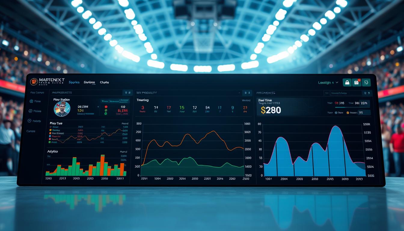 A high-tech analytics dashboard featuring vibrant win probability charts for sports games, prominently displaying dynamic graphs with fluctuating lines and colorful segments. The foreground includes interactive data visualization elements, such as player statistics, play annotations, and real-time updates. In the middle, a sleek dashboard interface with a dark theme and bright neon accents enhances clarity and focus on the charts. The background depicts a blurred sports stadium, bustling with fans, to convey an energetic atmosphere. The lighting is bright yet soft, creating an inviting glow that highlights the dashboard. The overall mood is professional and analytical, emphasizing the strategic insights of game performance.