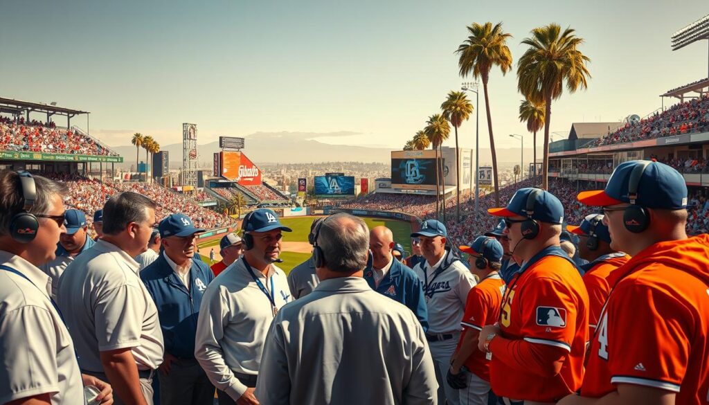 A vibrant, bustling scene capturing the gameday preparation for the legendary Dodgers vs. Giants rivalry. In the foreground, a diverse group of well-dressed team staff, coaches in professional attire, and players in warm-up gear gather around high-tech headsets, discussing strategies with focused expressions. The middle ground features a lively baseball stadium with fans arriving, adorned in team colors, filling the stands with excitement. In the background, iconic California palm trees line the stadium under a sunny sky, with a hint of the surrounding cityscape. The lighting is bright and warm, creating an energetic atmosphere. The perspective is slightly elevated, giving a sweeping view of the preparations and excitement of the day. The overall mood is electrifying, a blend of anticipation and competitive spirit.