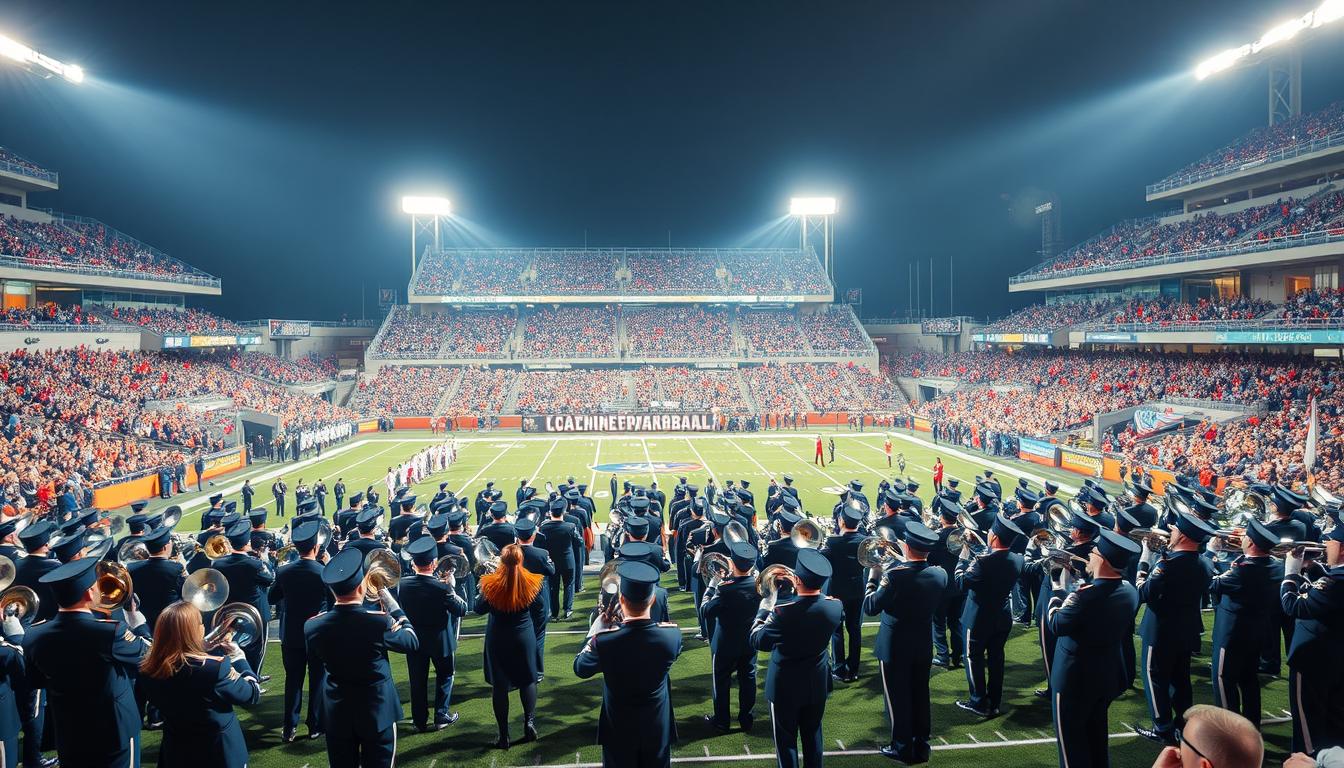 A vibrant college football halftime show scene in a bustling stadium. In the foreground, a diverse group of band members, dressed in sharp, coordinated uniforms, perform precision marching routines, their instruments shining under bright stadium lights. The middle layer features the lively football field, marked with yard lines, where players gather and fans cheer in the background, capturing the excitement of the game. In the background, an enthusiastic crowd waves flags and holds banners, creating a festive atmosphere. The lighting is bright and dynamic, enhancing the colorful uniforms and the energy of the performance. The angle is a slightly elevated view, giving a comprehensive perspective of the band and the overall scene. The mood is electric and celebratory, reflecting the spirit of college football.