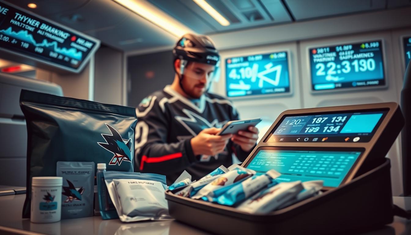 A visually engaging scene depicting modern travel science as it relates to professional hockey. In the foreground, a sleek nutrition kit is prominently displayed, filled with energy bars, hydration packets, and supplements, subtly branded for the Sharks. In the middle ground, a hockey player dressed in professional training attire examines a high-tech sleep banking device, surrounded by data screens showcasing time zone changes and sleep patterns. The background features an airplane interior with illuminated screens showing flight paths and local times, evoking a sense of global travel. Soft, bright lighting enhances the modern, professional atmosphere, while a slightly angled perspective adds depth to the composition, focusing on the intersection of travel, nutrition, and rest in the world of sports.