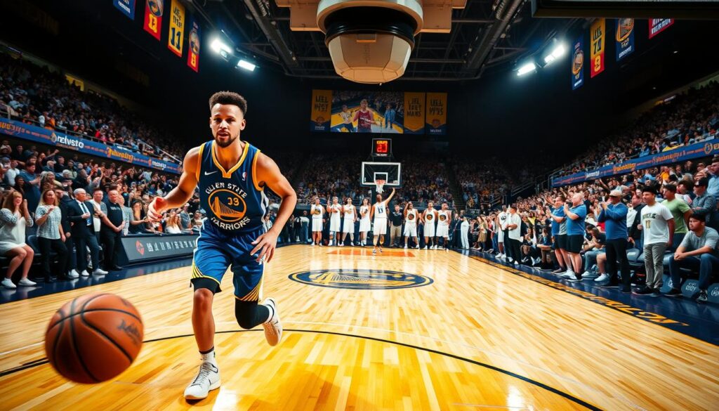 Steph Curry and Klay Thompson, the formidable Splash Brothers, leading the Golden State Warriors dynasty during the peak of the Steph era. In the foreground, capture Curry dribbling the basketball with a focused expression, wearing a modern Warriors jersey, while Thompson stands poised for a three-point shot, exuding confidence. The middle ground features a dynamic basketball court, with teammates in the background, celebrating a key moment, highlighting teamwork and camaraderie. The background showcases a roaring crowd, with colorful team banners, under bright stadium lights that cast dramatic shadows. The atmosphere is electric, filled with excitement and intensity, conveying the prowess of two basketball legends shaping the game's trajectory. Use a slightly low-angle perspective to enhance their stature, with vibrant colors to embody the Warriors' lively spirit.