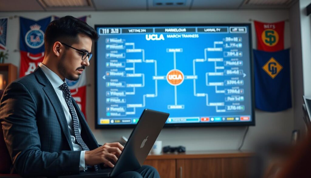 A detailed projection of the UCLA bracketology for March Madness displayed on a digital screen in a modern sports analytics room. In the foreground, a well-dressed analyst, wearing a suit and tie, intently studies the data on his laptop. The middle ground features a large touchscreen display, vividly illustrating the tournament bracket with UCLA prominently highlighted. The background shows a dynamic blend of sports memorabilia and team flags, enhancing the atmosphere of excitement and anticipation. Soft, focus-enhancing lighting casts a warm glow over the scene, while a slight blur on the edges draws attention to the data presentation. The overall mood conveys a sense of determination and strategic planning as basketball fans gear up for the tournament.