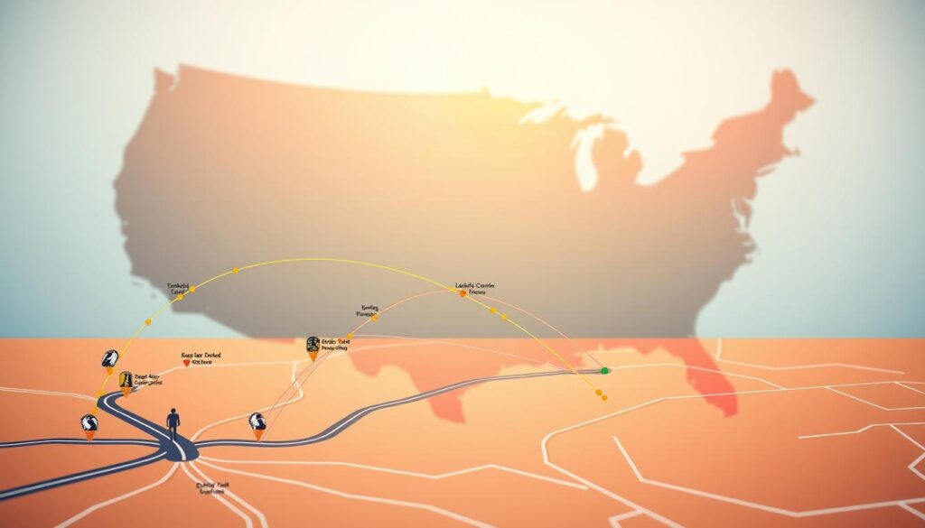 A detailed travel logistics map for the Atlantic Coast Conference (ACC), illustrating the travel routes and time zone differences for Olympic and major sports teams. In the foreground, place a stylized road network connecting various ACC locations with distinct icons representing campuses. In the middle ground, depict a vivid gradient of color zones illustrating the different time zones across the United States, with clear borders. The background should feature a soft-focus silhouette of a large map of the continental U.S. for context, adding depth. Use bright, professional colors to convey energy and movement, with a warm sunlight effect to create an inviting atmosphere. The overall composition should feel organized and informative, evoking a sense of planning and collaboration without any text or distractions.