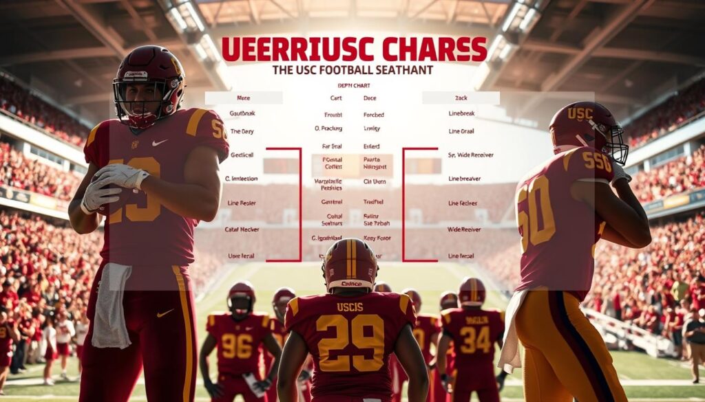 A detailed visualization of a USC football recruiting class depth chart set against a dynamic stadium backdrop. In the foreground, prominent player silhouettes highlight key positions, dressed in USC uniforms, with a focus on showcasing strength and teamwork. In the middle ground, a stylized depth chart overlays, featuring player names and positions in an organized manner, with colors representing various positions like quarterback, linebacker, and wide receiver. The background features a packed stadium atmosphere, with cheering fans blurred to convey excitement and energy during a game. The lighting is vibrant, capturing the essence of a bright game day, while a wide-angle perspective adds depth and excitement to the composition, embodying the spirit of college football. The overall mood is energetic, competitive, and hopeful.