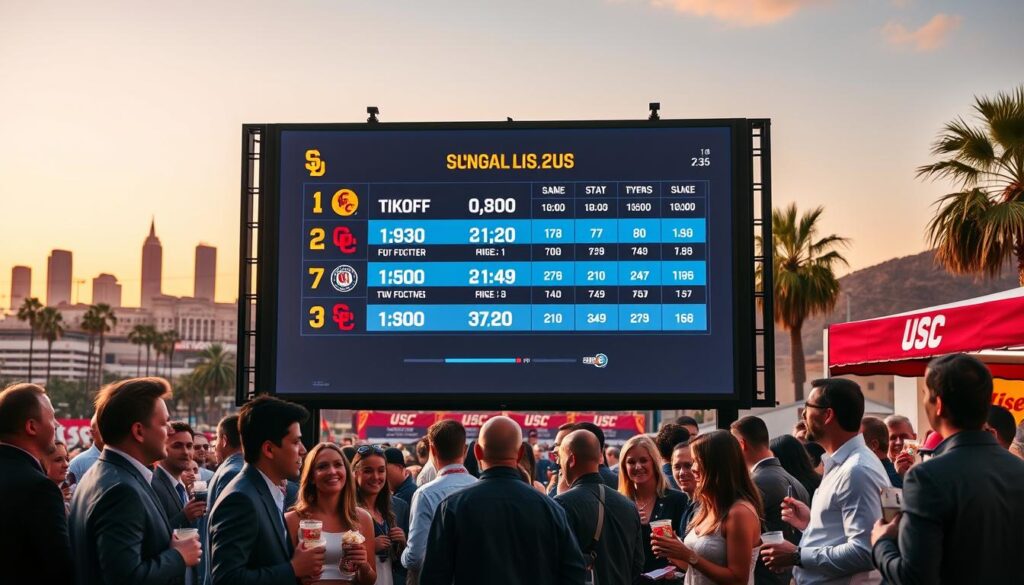 A dynamic Los Angeles college football scene showcasing a high-tech TV schedule display. In the foreground, a large digital screen vividly highlights kickoff times for USC football games in the Big Ten, glowing with vibrant colors. Below, excited fans in professional attire are engaged in discussion, with a few casually holding popcorn and drinks, embodying the gameday spirit. The middle ground features a bustling tailgating setup with USC banners and college football gear. In the background, a sunset bathes the iconic Los Angeles skyline, casting a warm light over the scene, while palm trees sway gently in the evening breeze. The overall atmosphere is energetic and inviting, capturing the essence of college football culture in California.