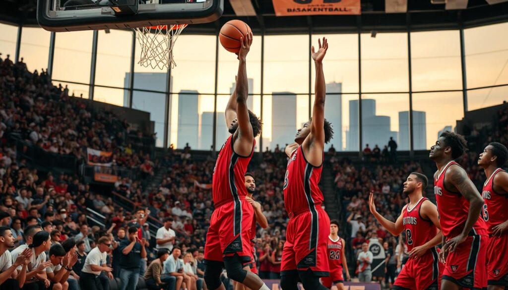 A dynamic basketball scene capturing the essence of San Diego State University’s Aztecs in action. In the foreground, a player in a red and black uniform is executing a dramatic layup while other teammates in matching jerseys watch eagerly. The middle ground features a cheering crowd in a packed arena, waving flags and displaying team spirit with face paint. The background reveals the iconic San Diego skyline through the arena's large windows, bathed in the warm light of a setting sun, creating a vibrant and energetic atmosphere. The composition should be shot from a slightly low angle to emphasize the height and excitement of the moment, with a focus on motion and intensity, conveying the thrill of competition and the team's performance in the Mountain West.