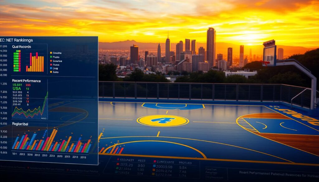 A dynamic digital illustration capturing the essence of UCLA Bruins basketball analysis. In the foreground, a detailed chart showcasing NET rankings and Quad records with colorful data points. The middle layer features a basketball court with UCLA's iconic blue and gold colors, blending with graphs and statistics, emphasizing the recent performance metrics. The background highlights the vibrant skyline of Los Angeles at sunset, casting warm, golden light across the scene. The atmosphere is energetic and competitive, reflecting the intensity of college basketball. Use a slightly elevated angle for depth, and ensure the lighting accentuates the charts while maintaining clarity. No humans are present, focusing solely on the analytics and the collegiate basketball theme.