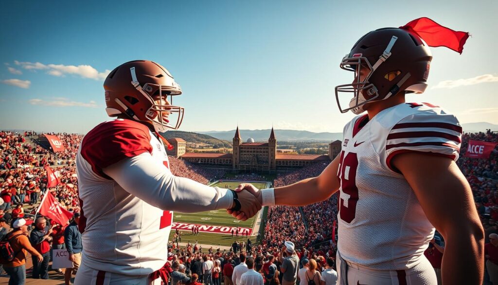 A dynamic scene capturing the essence of historic college rivalries between Stanford and ACC teams. In the foreground, two athletes representing Stanford and an ACC team engage in a friendly handshake, showcasing camaraderie and sportsmanship, dressed in professional athletic uniforms. In the middle ground, a vibrant stadium filled with enthusiastic fans waving flags and banners, creating an energetic atmosphere. The background features an iconic view of Stanford's campus and nearby ACC landmarks under a clear blue sky, with warm sunshine casting dynamic shadows. Shot with a wide-angle lens to emphasize the stadium's grandeur and the lively crowd, this image evokes a sense of nostalgia, competition, and unity amidst historical rivalries.