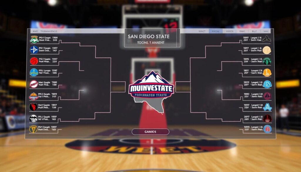 An analytical view of a basketball tournament bracket featuring San Diego State. In the foreground, a detailed digital representation of the bracket, showcasing the teams and their matchups with bold lines and colorful team logos. In the middle, a stylized map of the Mountain West conference, illustrating key locations of participating teams with a modern, sleek design. The background includes a blurred image of a basketball court, emphasizing the excitement of the tournament atmosphere. Use bright, energetic lighting that highlights the bracket and creates a dynamic feel. The mood should be competitive and engaging, capturing the anticipation of the upcoming games. The composition should be clear, with a slight depth of field to draw attention to the bracket while hinting at the context of the tournament.
