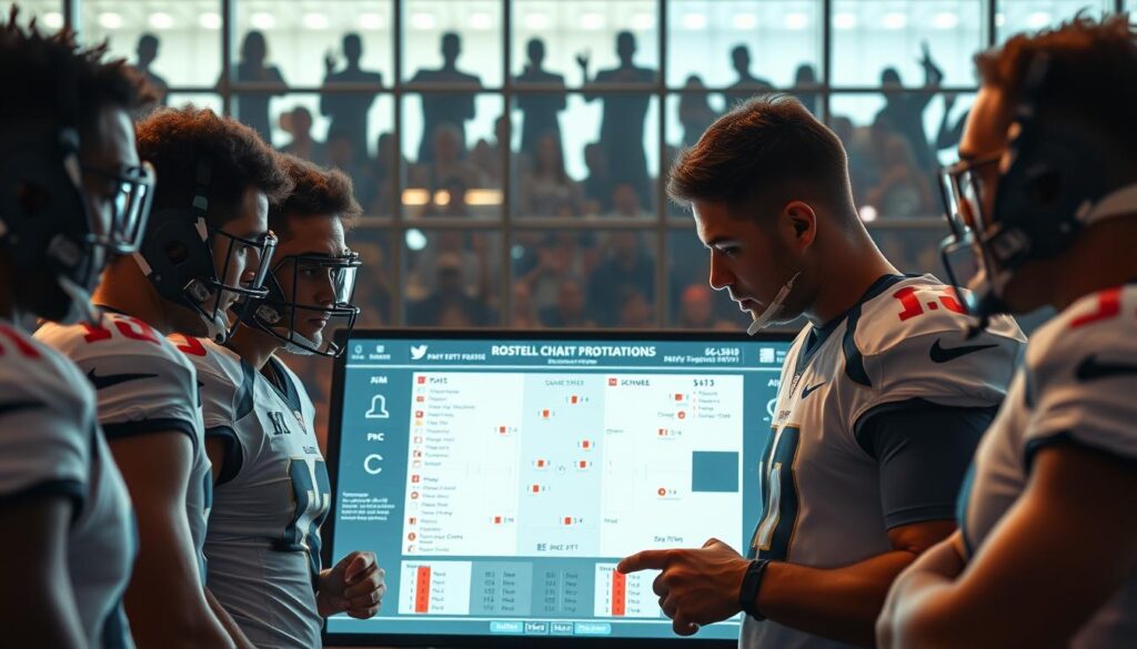 A detailed college football roster movement analysis scene, depicting an array of athletic players in professional sports attire studying a large digital touchscreen display filled with player stats and depth chart projections. In the foreground, focused athletes analyze the data, offering insight into scheme fits and positioning dynamics. The middle layer features a modern sports facility ambience with dynamic lighting that highlights the touchscreen. In the background, the silhouettes of cheering fans can be seen through a glass wall, creating an energetic atmosphere. The image has a professional, analytical tone, with warm hues illuminating the scene, emphasizing teamwork and strategy in college football.