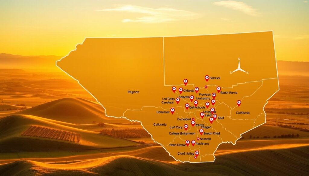 A detailed map of the Central Valley emphasizing major high schools and college football programs, showcasing key areas for recruiting efforts. In the foreground, include icons or markers representing various schools and their football teams. The middle layer features a subtle grid overlay to indicate regions, with outlined boundaries of the Central Valley. The background is a beautiful landscape of the valley, highlighting rolling hills and agricultural fields under a warm, golden sunset. The atmosphere is optimistic and vibrant, reflecting the energy of football recruitment activity. Use a wide-angle lens effect to capture the expansive view, with soft lighting that brings warmth and focus to the recruiting markers without any text or branding.