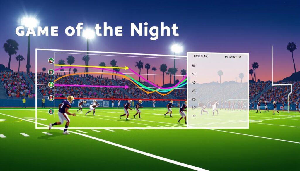 A dynamic and visually engaging illustration of a "game of the night drive chart" highlighting momentum swings in a high school football setting. In the foreground, an animated drive chart displays colorful lines and arrows representing key plays and momentum shifts, surrounded by football icons. The middle layer depicts a football field at night with stadium lights illuminating the scene, showing players in modest athletic gear engaged in a game. The background features cheering fans in a packed stands atmosphere, with California palm trees silhouetted against a twilight sky. Create a sense of excitement and intensity, using vibrant colors to convey energy, and a slight angle from the sidelines to emphasize action in the game. Capture a thrilling and reflective mood perfect for a high school football recap. A dynamic and visually engaging illustration of a "game of the night drive chart" highlighting momentum swings in a high school football setting. In the foreground, an animated drive chart displays colorful lines and arrows representing key plays and momentum shifts, surrounded by football icons. The middle layer depicts a football field at night with stadium lights illuminating the scene, showing players in modest athletic gear engaged in a game. The background features cheering fans in a packed stands atmosphere, with California palm trees silhouetted against a twilight sky. Create a sense of excitement and intensity, using vibrant colors to convey energy, and a slight angle from the sidelines to emphasize action in the game. Capture a thrilling and reflective mood perfect for a high school football recap.
