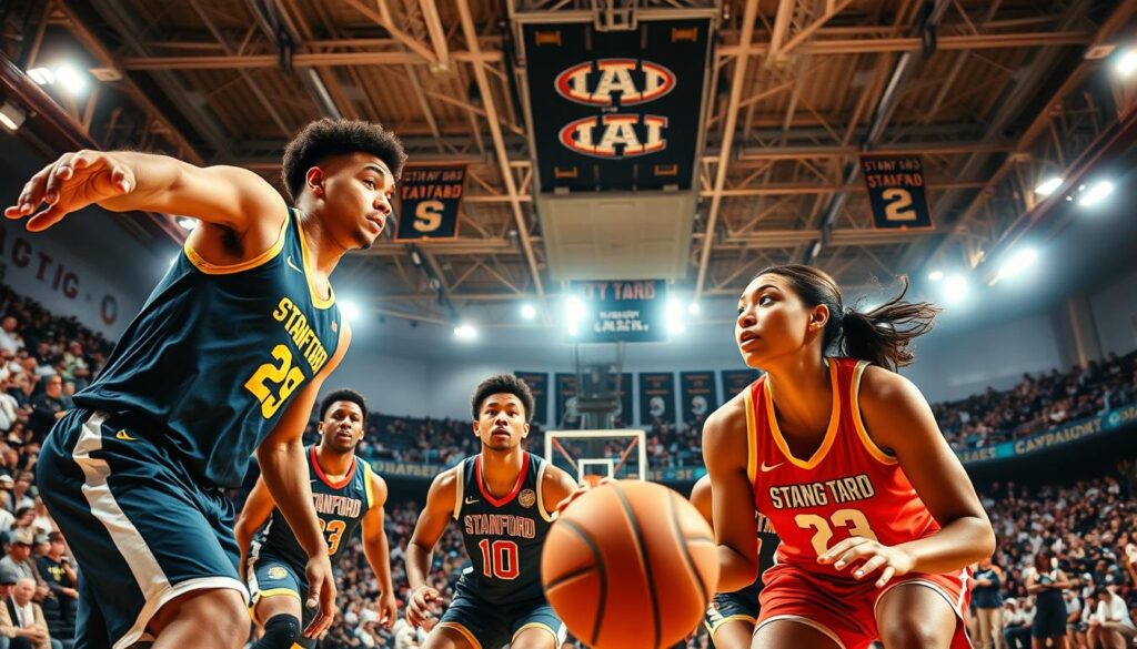 A dynamic basketball scene featuring standout players from Bay Area college teams (Cal, Stanford, Saint Mary’s, USF, and Santa Clara). In the foreground, diverse male and female athletes in professional sports attire, engaging in intense gameplay, with expressions of determination and teamwork. The middle ground showcases an indoor basketball court filled with enthusiastic fans, capturing the electric atmosphere of a competitive match. In the background, the bright arena lights shine down, creating a vibrant and focused ambiance, while banners and team logos subtly decorate the walls. The composition is shot at a low angle to emphasize the players’ skills, with a shallow depth of field that keeps the focus on them. The mood is inspiring and energetic, reflecting the spirit of college basketball in the Bay Area.