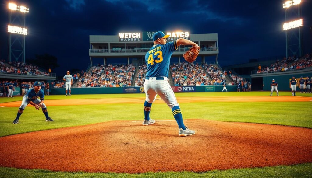 A dynamic college baseball scene showcasing a Big West baseball pitcher in mid-delivery on the mound, wearing a blue and gold uniform, displaying focus and intensity. In the foreground, capture a close-up of the pitcher’s windup, with detailed textures of the baseball glove and ball. In the middle ground, teammates poised for action, demonstrating defensive readiness—one player crouching at shortstop, another in the outfield. The background features a vibrant stadium filled with cheering fans, under bright stadium lights that illuminate the diamond with a golden glow at dusk. Use a shallow depth of field to emphasize the action in the foreground, creating a lively, competitive atmosphere of a college baseball game. The overall mood should be energetic and passionate, reflecting the spirit of the sport.