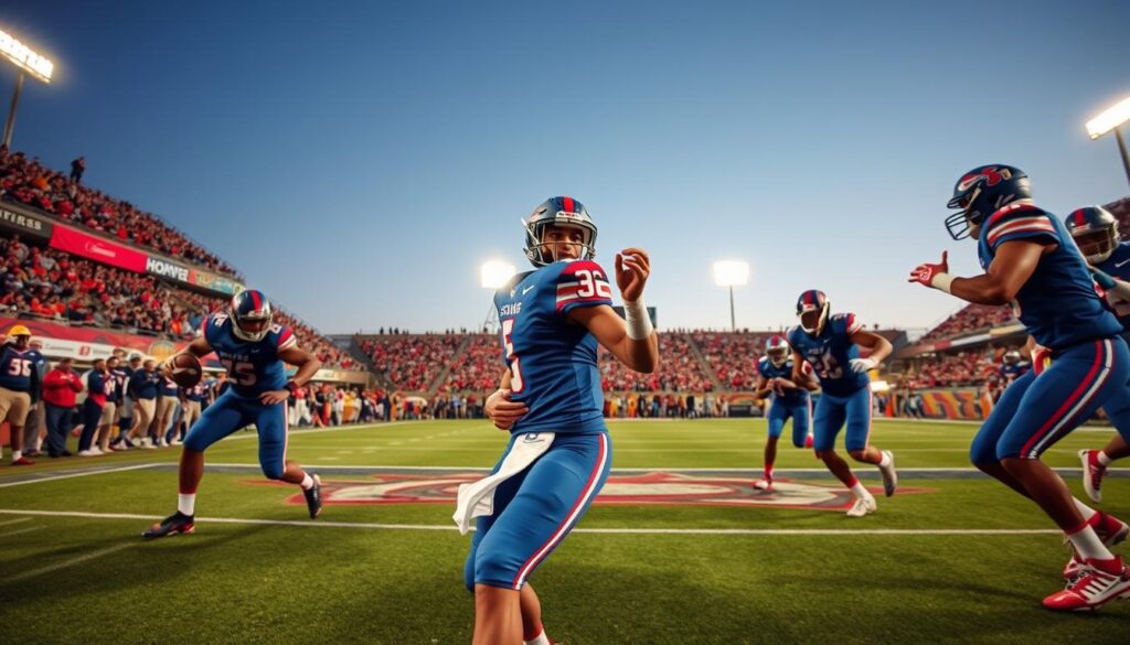 A dynamic football scene featuring a Fresno State quarterback in action, showcasing their skill and focus. In the foreground, the quarterback is poised to throw, wearing a sharp blue and red Fresno State uniform, helmet on, exuding determination. Surrounding him are key skill position players, such as a wide receiver on one side and a running back on the other, all in matching uniforms, conveying teamwork and strategy. The middle ground captures the stadium atmosphere, with cheering fans and vibrant banners in support of the team. In the background, a clear sky transitions to twilight, with stadium lights illuminating the field, creating an energetic and hopeful mood. The image should be shot from a low angle to emphasize the players' intensity and the grandeur of the moment.