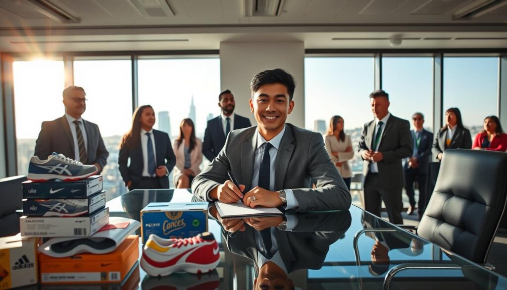 A dynamic scene depicting a California college athlete in professional business attire, confidently signing endorsement deals in a modern office environment. In the foreground, the athlete, a young Asian male, is seated at a sleek glass table, pen in hand, with stacks of branded merchandise like athletic shoes and sports drinks nearby. The middle ground features a diverse group of sports representatives in smart casual wear, visibly engaged in discussion with the athlete. In the background, large windows show a sunny California skyline, adding a sense of optimism and opportunity. The lighting is bright and professional, with a slight lens flare enhancing the atmosphere. The scene conveys excitement, professionalism, and the evolving landscape of athletic endorsements. A dynamic scene depicting a California college athlete in professional business attire, confidently signing endorsement deals in a modern office environment. In the foreground, the athlete, a young Asian male, is seated at a sleek glass table, pen in hand, with stacks of branded merchandise like athletic shoes and sports drinks nearby. The middle ground features a diverse group of sports representatives in smart casual wear, visibly engaged in discussion with the athlete. In the background, large windows show a sunny California skyline, adding a sense of optimism and opportunity. The lighting is bright and professional, with a slight lens flare enhancing the atmosphere. The scene conveys excitement, professionalism, and the evolving landscape of athletic endorsements.