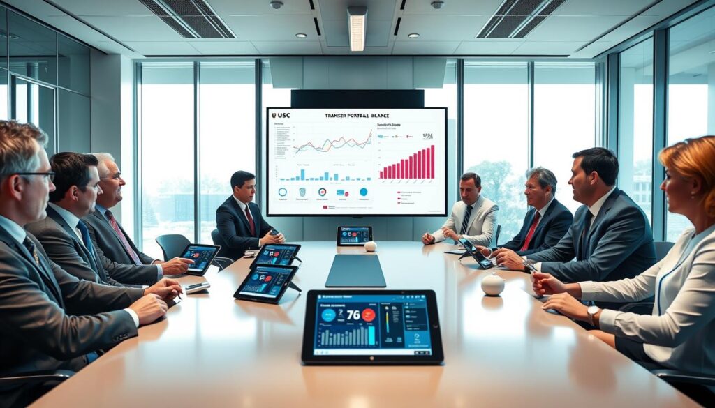A dynamic scene depicting a sports strategy meeting related to the transfer portal balance of USC and UCLA football programs. In the foreground, a diverse group of professional coaches and analysts, dressed in smart business attire, are gathered around a sleek conference table. On the table, digital tablets display player statistics and position group graphics. The middle ground features a large screen displaying charts and graphs representing recruiting trends. In the background, a modern office setting with large windows allowing natural light to flood in, creating a bright and optimistic atmosphere. The overall mood is focused and strategic, emphasizing collaboration and analysis in a high-stakes environment, captured with a wide-angle lens for depth.
