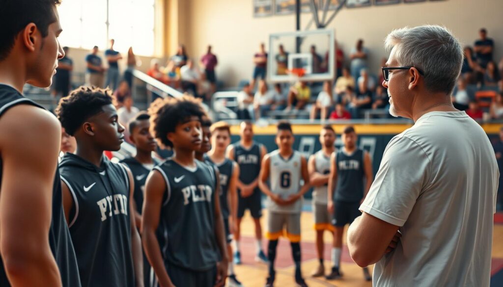 A dynamic scene in an athletic environment showcasing a coach delivering motivational coaching quotes to a diverse group of young athletes positioned in the foreground, highlighting their intent focus. The middle ground features a basketball court with subtle indicators of recent injuries, such as a first-aid kit and crutches propped against the wall. In the background, blurred spectators display a mix of emotions, emphasizing camaraderie and anticipation. The lighting is bright and vibrant, casting a warm glow, as if during a late afternoon practice. The angle captures the energy and passion of sports, illustrating resilience and teamwork. A sense of determination fills the atmosphere, reinforcing the theme of overcoming challenges in sports.