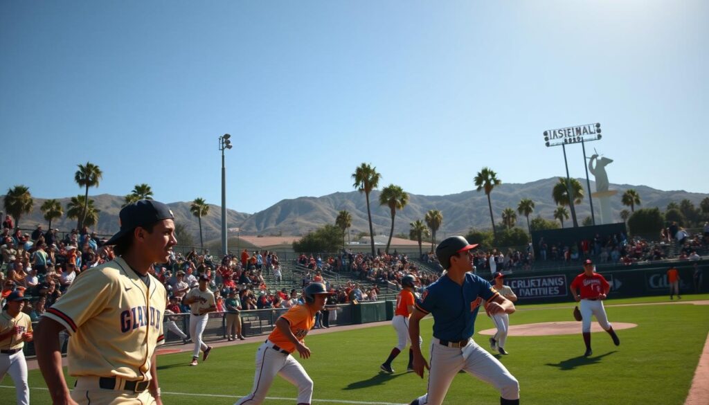 A dynamic scene of a college baseball game in California during an afternoon match, showcasing a mid-week upset. In the foreground, a diverse group of players in vibrant team jerseys, demonstrating intense focus and determination as they engage in play. In the middle ground, a cheering crowd filled with enthusiastic fans, wearing team colors, and enjoying the game with ice-cold drinks. The background features palm trees swaying gently under a clear blue sky, with the iconic California hills visible, adding to the atmosphere of a warm day. Soft sunlight casts long shadows on the field, creating a vibrant yet relaxed mood, captured from a slightly elevated angle to capture the action and the surrounding excitement.
