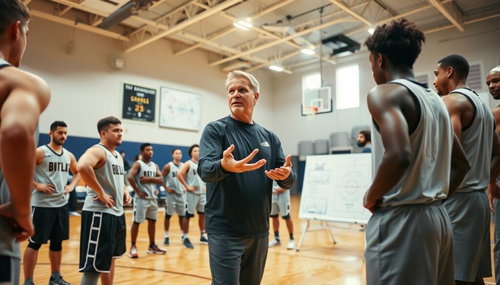 A vibrant basketball coaching scene set during a practice session at a Bay Area sports facility. In the foreground, a focused coach, dressed in professional athletic attire, is gesturing animatedly to a group of attentive players, who are dressed in matching team uniforms. In the middle ground, a whiteboard is visible with tactical diagrams illustrating offensive and defensive plays. The background features a basketball court with bright overhead lighting accentuating the dynamic atmosphere, while a few spectators in the stands observe the intensity. The angle captures both the coach and the players, emphasizing their engagement and teamwork. The overall mood conveys determination and strategy, reflecting the essence of coaching adjustments and rotation shifts in basketball.