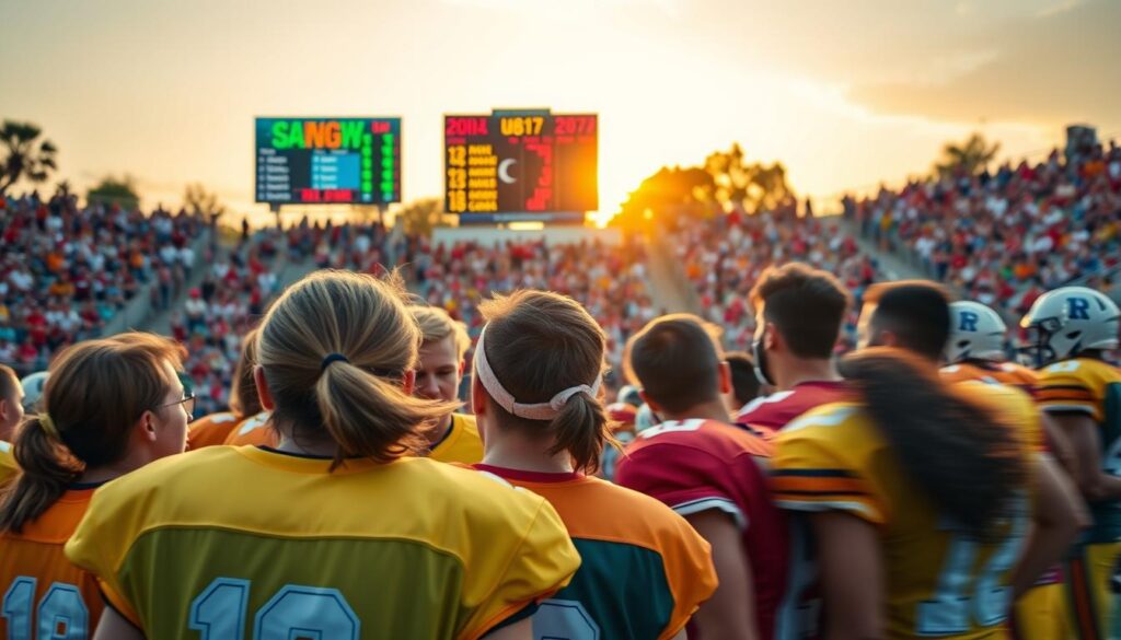 A vibrant, engaging scene depicting high school football rankings and tiebreaker implications in California. In the foreground, a group of diverse, focused student-athletes in brightly colored football jerseys huddle together, discussing strategies with determination. In the middle ground, a large scoreboard is visible, displaying colorful ranking numbers and teams, surrounded by excited fans in stadium seats. The background showcases a bustling football field under the golden glow of a California sunset, casting warm light over the entire scene. Capture the intense atmosphere of competition and teamwork, with blurred movement suggesting the energy of the crowd. Use a slightly low angle to emphasize the athletes and scoreboard while highlighting the excitement of Friday Night Lights. The image should evoke a sense of anticipation and camaraderie in the world of high school football. A vibrant, engaging scene depicting high school football rankings and tiebreaker implications in California. In the foreground, a group of diverse, focused student-athletes in brightly colored football jerseys huddle together, discussing strategies with determination. In the middle ground, a large scoreboard is visible, displaying colorful ranking numbers and teams, surrounded by excited fans in stadium seats. The background showcases a bustling football field under the golden glow of a California sunset, casting warm light over the entire scene. Capture the intense atmosphere of competition and teamwork, with blurred movement suggesting the energy of the crowd. Use a slightly low angle to emphasize the athletes and scoreboard while highlighting the excitement of Friday Night Lights. The image should evoke a sense of anticipation and camaraderie in the world of high school football.