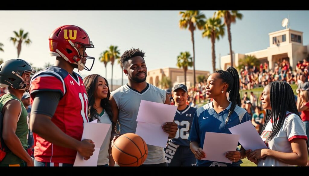 A vibrant scene capturing the essence of California college sports sponsorship through NIL deals. In the foreground, a diverse group of student-athletes, dressed in professional athletic gear, are engaged in discussions, holding contracts and branded merchandise, symbolizing their new opportunities. In the middle ground, iconic elements of college football and basketball are highlighted, such as a football helmet and a basketball, along with uplifting visuals of Olympic sports like track and swimming gear. The background features a sunny California campus with palm trees, academic buildings, and enthusiastic fans, creating an energetic atmosphere. The lighting is bright and warm, evoking a sense of hope and excitement, with a slightly elevated perspective to capture the interaction and environment effectively. A vibrant scene capturing the essence of California college sports sponsorship through NIL deals. In the foreground, a diverse group of student-athletes, dressed in professional athletic gear, are engaged in discussions, holding contracts and branded merchandise, symbolizing their new opportunities. In the middle ground, iconic elements of college football and basketball are highlighted, such as a football helmet and a basketball, along with uplifting visuals of Olympic sports like track and swimming gear. The background features a sunny California campus with palm trees, academic buildings, and enthusiastic fans, creating an energetic atmosphere. The lighting is bright and warm, evoking a sense of hope and excitement, with a slightly elevated perspective to capture the interaction and environment effectively.