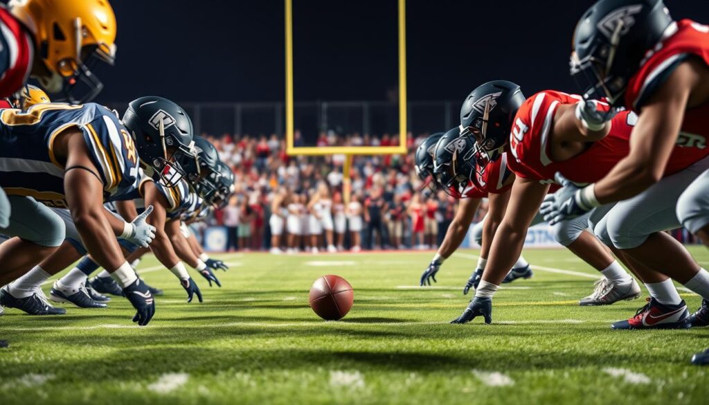 In a dynamic and intense football scene, focus on the physical line play within the trenches of an Inland Empire game. In the foreground, a close-up view captures two offensive and defensive linemen engaged in a fierce battle, showcasing their muscular builds and determined expressions, clad in colorful team uniforms. Their helmets reflect the bright stadium lights, which create sharp shadows, adding a dramatic effect. In the middle ground, a bustling crowd is blurred, capturing the energy of the game, while some cheerleaders in modest outfits cheer on. The background features a vibrant football field, with yard markers clearly visible and goalposts looming in the distance. The overall mood is electrifying, emphasizing the strategic and tough nature of trench battles in high school football.