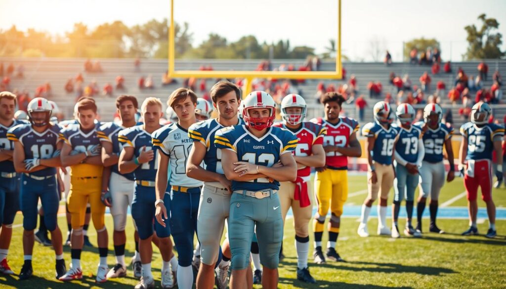 A dynamic high school football scene showcasing the concept of "risers and fallers" in rankings. In the foreground, a diverse group of teenage football players, dressed in clean, colorful uniforms, stand confidently with expressions of determination and anticipation, symbolizing the rising athletes. They are positioned at an angle to suggest forward momentum. In the background, a few players in slightly faded uniforms, representing fallers, look solemn, their body language hinting at disappointment. The setting is a sunny football field with goalposts and cheering spectators blurred in the distance. The lighting is bright and vibrant, creating an optimistic atmosphere, with warm sunlight illuminating the players. The shot is captured at eye level to create an engaging, relatable perspective.