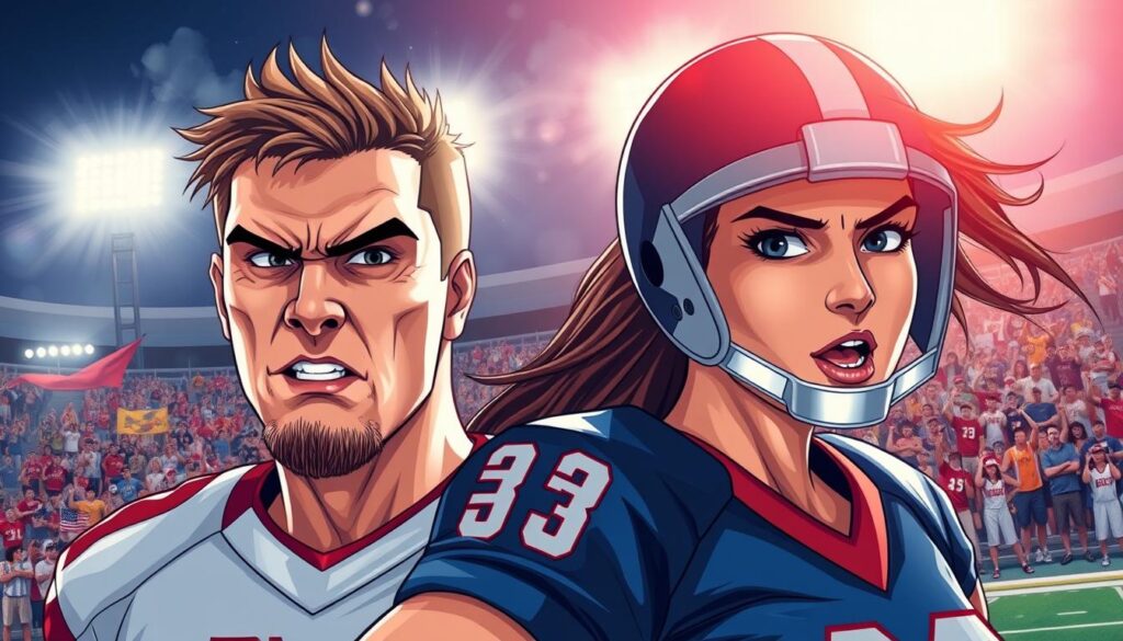 A dynamic illustration capturing the essence of "rivalry history moments" in a sports context. In the foreground, depict two intense competitors, a male and a female athlete, dressed in professional sports uniforms, expressing fierce determination and passion. Their facial expressions convey the heat of competition. In the middle ground, include a vibrant crowd of fans, waving banners and flags, showcasing team colors, evoking a spirited atmosphere. The background should feature a classic stadium under bright, dramatic floodlights, emphasizing the tension and excitement of rivalry week. Use a wide-angle lens perspective to create depth and focus on the athletes, enhancing the sense of urgency and legacy. The overall mood should be electric, filled with anticipation and history, capturing the cultural significance of these renowned rivalries.