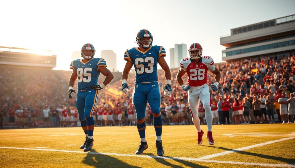 A dynamic scene capturing the essence of top performers in football, showcasing three standout players on a sunlit field in San Diego. In the foreground, a diverse group of athletes—two in vivid blue and gold uniforms, one in bright red and white—are depicted in action poses, emphasizing their athleticism and intensity. The middle ground features a cheering crowd, blurred slightly to focus on the players, with festive banners waving, reflecting the excitement of a game day. The background reveals the iconic San Diego skyline under a brilliant sunset, casting warm golden hues across the scene. Use a wide-angle lens to create depth, with soft, natural lighting enhancing the atmosphere of camaraderie and competition. The overall mood is vibrant and electrifying, capturing the spirit of sportsmanship and teamwork.