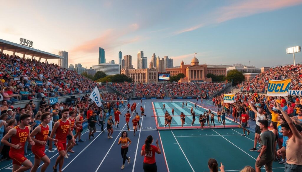 A dynamic scene capturing the fierce rivalry between USC and UCLA in Olympic sports, set at a vibrant, packed athletic venue. In the foreground, athletes from both universities are passionately competing in a dual meet, showcasing sports like track and field, swimming, and volleyball, highlighting their competitive spirit. USC athletes wear cardinal and gold uniforms, while UCLA competitors don blue and gold. The middle ground features excited fans, wearing university colors, waving spirited banners and cheering fervently. In the background, iconic elements of the Los Angeles skyline and the respective university landmarks can be seen, with a sunset casting a warm glow. The atmosphere is electric, filled with anticipation and energy, embodying the year-round rivalry that fuels their competitive edge. The image should be shot with a wide-angle lens to capture the vibrant atmosphere, focusing on the action and the passionate crowd.