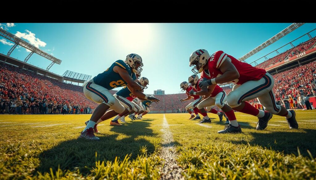 A dynamic scene depicting a football line play on a grassy field, capturing the essence of tackling efficiency. In the foreground, two athletes in vibrant football uniforms engage in a fierce tackle, showcasing muscular physiques and focused expressions. The middle ground features other players preparing for the play, strategically positioning themselves with intense determination. The background reveals the outline of a stadium filled with excited fans under a bright blue sky, creating an atmosphere of energy and exhilaration. The sunlight casts dynamic shadows, enhancing the depth of the image, while a low-angle perspective emphasizes the action. The overall mood conveys intensity and teamwork, with a clear focus on the mechanics of effective tackling in football. A dynamic scene depicting a football line play on a grassy field, capturing the essence of tackling efficiency. In the foreground, two athletes in vibrant football uniforms engage in a fierce tackle, showcasing muscular physiques and focused expressions. The middle ground features other players preparing for the play, strategically positioning themselves with intense determination. The background reveals the outline of a stadium filled with excited fans under a bright blue sky, creating an atmosphere of energy and exhilaration. The sunlight casts dynamic shadows, enhancing the depth of the image, while a low-angle perspective emphasizes the action. The overall mood conveys intensity and teamwork, with a clear focus on the mechanics of effective tackling in football.