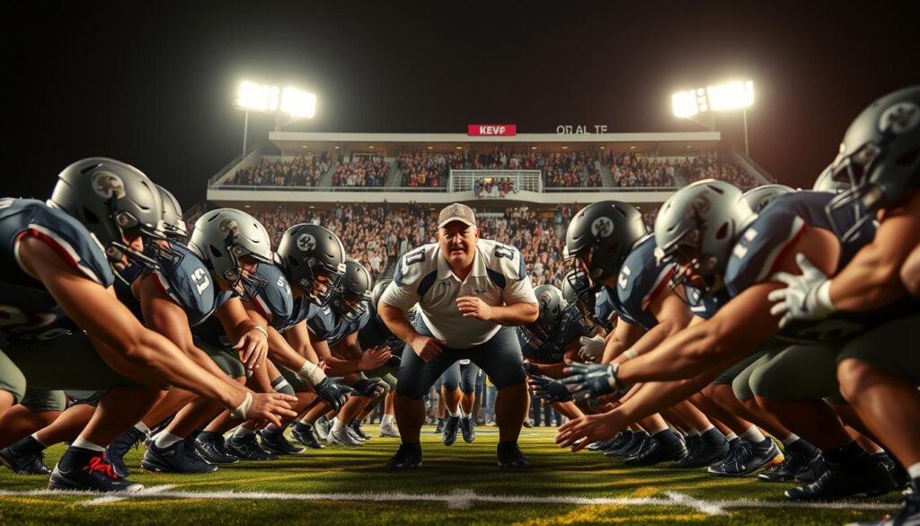 A dynamic scene showcasing high school football players in the trenches, illustrating the strength and teamwork of offensive linemen and defensive linemen. In the foreground, a diverse group of athletes pushes against each other in full gear, their intense expressions and muscular builds highlighting the determination and grit required in the game. The middle ground features a coach cheering passionately, emphasizing motivation. Behind them, a stadium filled with cheering fans under bright stadium lights creates an electric atmosphere, with the setting sun casting a warm glow. The lens captures a dramatic angle, focusing on the players’ athleticism, while the depth of field blurs the audience slightly, directing attention to the action in the foreground. The overall mood is energetic and inspiring, showcasing the unsung heroes of football.