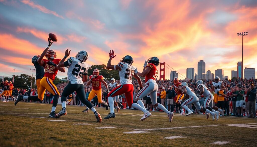 A dynamic sports scene showcasing key matchups in the Bay Area, where two diverse teams compete on a vibrant football field. In the foreground, a diverse group of athletes, dressed in colorful uniforms, demonstrates their skills: one player executing a powerful tackle while another catches a pass mid-air. The middle ground features a lively crowd in professional sports attire, cheering passionately. The background depicts iconic Bay Area landmarks, like the Golden Gate Bridge and the San Francisco skyline, under a dramatic sunset sky casting warm hues of orange and pink. The image conveys excitement and intensity, utilizing soft-focus lighting to enhance the atmosphere, reminiscent of a thrilling game day. The perspective is low-angle, aiming up to give a sense of grandeur to the athletes and the background.