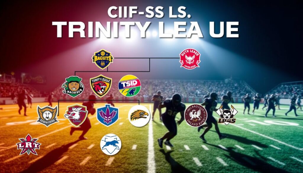 A dynamic visual representation of the CIF-SS Trinity League football hierarchy, featuring an abstract schematic that illustrates the pecking order among teams. In the foreground, distinct team logos or icons symbolizing various Trinity League, Mission League, and Inland Empire teams, arranged in a pyramid formation to signify hierarchy. The middle ground includes silhouettes of football players in action, capturing the competitive spirit, dressed in professional athletic gear. The background showcases a vibrant football field under stadium lights, creating an energetic atmosphere. A slight tilt-angle perspective adds depth, while dramatic lighting emphasizes the logos and players. The overall mood is competitive, showcasing teamwork and athleticism, expertly balanced between excitement and strategy.