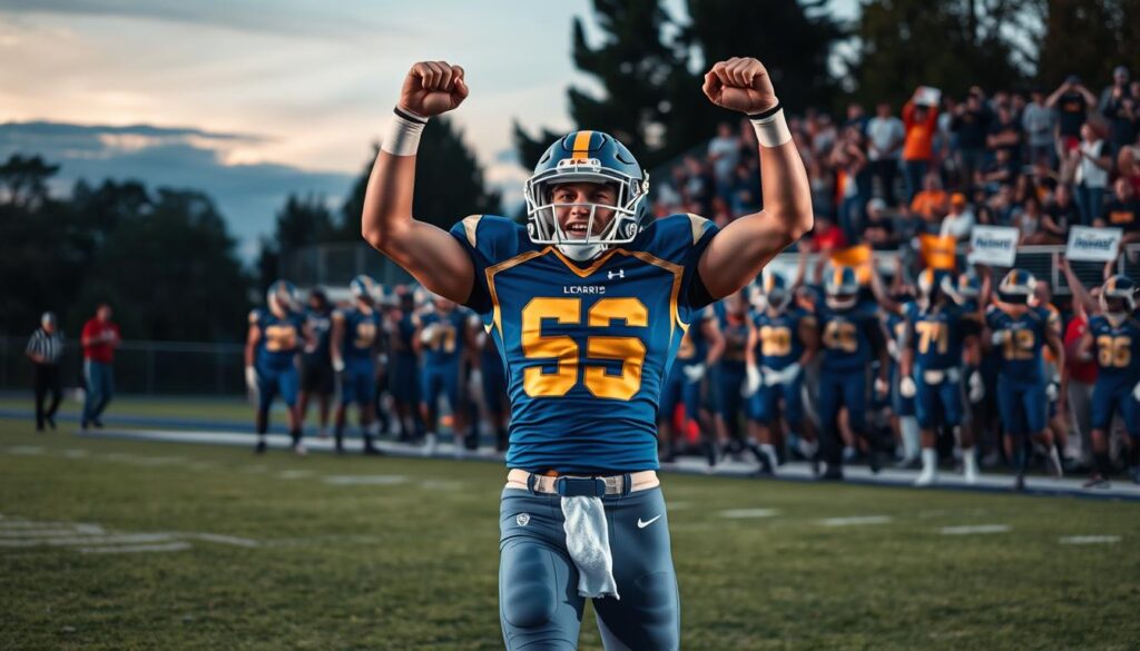 A high school football player standing triumphantly on the field after a standout performance, showcasing athleticism and determination. The player, wearing a bright blue and gold jersey with helmet, is celebrating a hard-fought touchdown, arms raised in victory. The foreground captures the player in sharp focus, highlighting his muscular physique and intense expression of joy. In the middle ground, teammates in matching uniforms can be seen rushing in for a congratulatory embrace, while a dynamic crowd in the background cheers, waving colorful banners. The scene is set at dusk, with dramatic lighting highlighting the players, casting long shadows on the grass field. The mood is electric and inspiring, capturing the essence of youth sports and the thrill of victory without any text or distractions.
