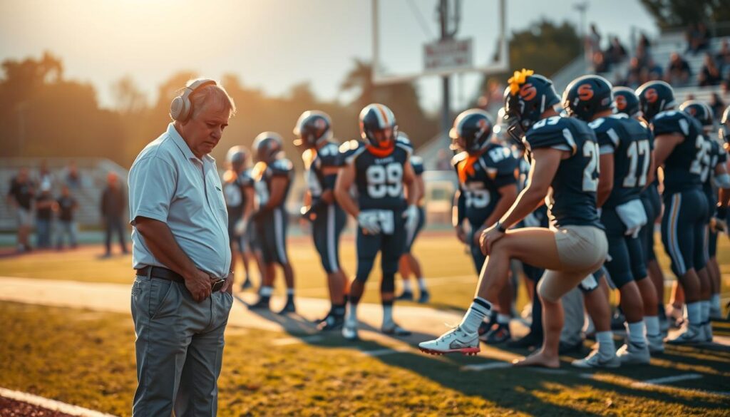 A high school football scene focused on the theme of injuries and player availability. In the foreground, a medical trainer is examining a player's ankle on the sidelines, looking concerned while wearing a polo shirt and khakis. The middle ground features players in helmets and jerseys huddling together with worried expressions, depicting the tension and uncertainty surrounding potential injuries. In the background, a blurred football field with goal posts and cheering fans creates an atmosphere of excitement and drama. The lighting is dynamic, with golden hour sunlight bathing the scene in warm tones, emphasizing the intensity of high school football. The image conveys a sense of urgency and anticipation, encapsulating the vital importance of player health in the sport.