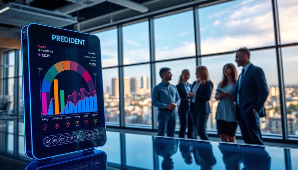 A sleek, modern confidence meter displayed prominently in a high-tech office setting, showcasing colorful, dynamic graphs and indicators to represent various predictions. In the foreground, a transparent touchscreen interface shows real-time adjustments to the confidence levels, illuminated by blue LED lighting. In the middle ground, a group of diverse, professional individuals in business attire are engaged in discussion, analyzing the meter's readings. The background features large windows with a view of a vibrant California cityscape under clear skies, creating a sense of optimism and potential. The overall atmosphere is focused and energetic, highlighting the importance of informed predictions in sports. Soft ambient lighting enhances the contemporary feel of the scene.