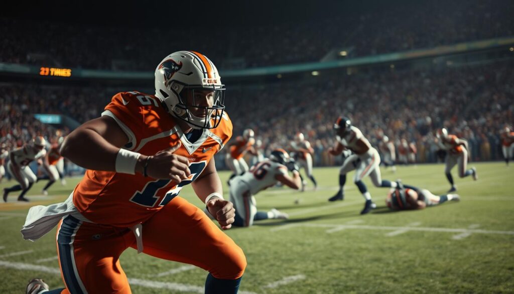 A tense football scene capturing defensive disruption on the field, featuring a defensive player in a dynamic pose as he sprints toward the quarterback, prepared to make a sack. In the foreground, the player's focused expression and powerful stance emphasize intensity, wearing a vibrant team uniform. The middle ground includes a chaotic moment of a quarterback attempting to evade the pressure, while nearby, a defensive lineman tackles an opposing player to the ground, showcasing an impactful tackle for loss (TFL). The background depicts a stadium filled with spectators, the bright stadium lights creating a dramatic atmosphere, highlighting the action with cinematic angles. The overall mood conveys urgency and excitement, manifesting the essence of turnovers and defensive highlights in football.