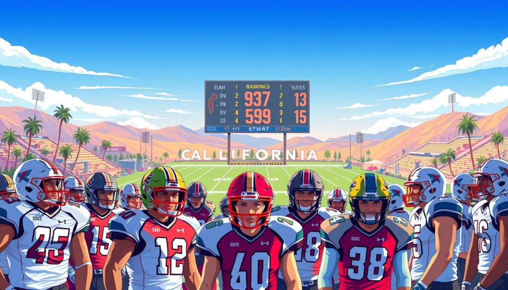 A vibrant and dynamic illustration depicting California high school football, focusing on the various sections represented in the state poll. In the foreground, a diverse group of high school football players in professional jerseys and helmets, showcasing the spirit of competition and teamwork. In the middle ground, iconic California football landmarks such as stadiums and field goal posts under a bright blue sky, framed by palm trees and hills. The background features a digital scoreboard displaying rankings and scores in a stylized format, enhancing the competitive atmosphere. Soft, warm lighting casts dramatic shadows, creating an energetic yet professional mood. The angle is slightly elevated, providing a broad view of the action while maintaining an intense focus on the athletes.
