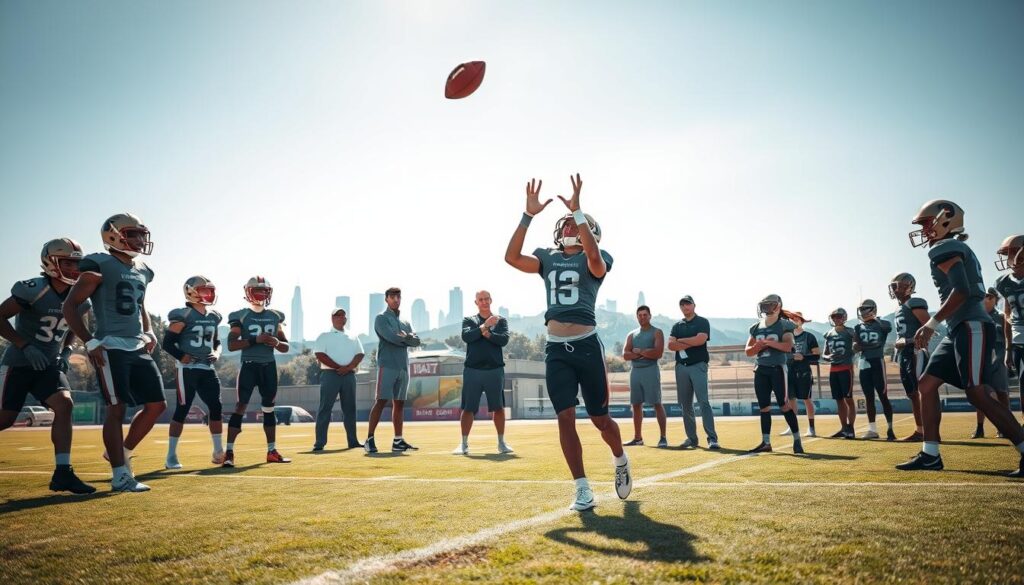 A vibrant and dynamic scene depicting Bay Area high school football prospects during a recruiting event. In the foreground, several young athletes in professional athletic gear, such as jerseys and shorts, show determination and focus as they perform drills and skills tests. One player, in the center, executes a perfect catch while a coach observes closely, clipboard in hand. In the middle ground, a group of recruiters watch intently from the sidelines, taking notes and discussing potential talent. The background features a well-maintained football field with the iconic Bay Area skyline subtly visible under a bright, sunny sky. The atmosphere is energetic and hopeful,capturing the excitement of recruiting season, with natural lighting illuminating the athletes' physiques and expressions. The lens is positioned at a slight angle, enhancing the depth of field and drawing attention to the action. A vibrant and dynamic scene depicting Bay Area high school football prospects during a recruiting event. In the foreground, several young athletes in professional athletic gear, such as jerseys and shorts, show determination and focus as they perform drills and skills tests. One player, in the center, executes a perfect catch while a coach observes closely, clipboard in hand. In the middle ground, a group of recruiters watch intently from the sidelines, taking notes and discussing potential talent. The background features a well-maintained football field with the iconic Bay Area skyline subtly visible under a bright, sunny sky. The atmosphere is energetic and hopeful,capturing the excitement of recruiting season, with natural lighting illuminating the athletes' physiques and expressions. The lens is positioned at a slight angle, enhancing the depth of field and drawing attention to the action.
