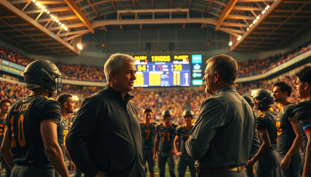 A vibrant and dynamic scene depicting a modern sports coaching environment. In the foreground, a coach, a middle-aged man in a smart athletic outfit, animatedly discussing strategies with an attentive team, consisting of diverse players in matching uniforms. In the middle, a digital scoreboard showcases injury highlights and player statistics, illuminated with bright colors. The background features a bustling stadium filled with cheering fans, under the warm glow of sunset lighting, casting a golden hue over the scene. The atmosphere is electric, embodying the intensity and passion of sports. The angle captures both the engagement of the coaching moment and the excitement of the environment, without any text.