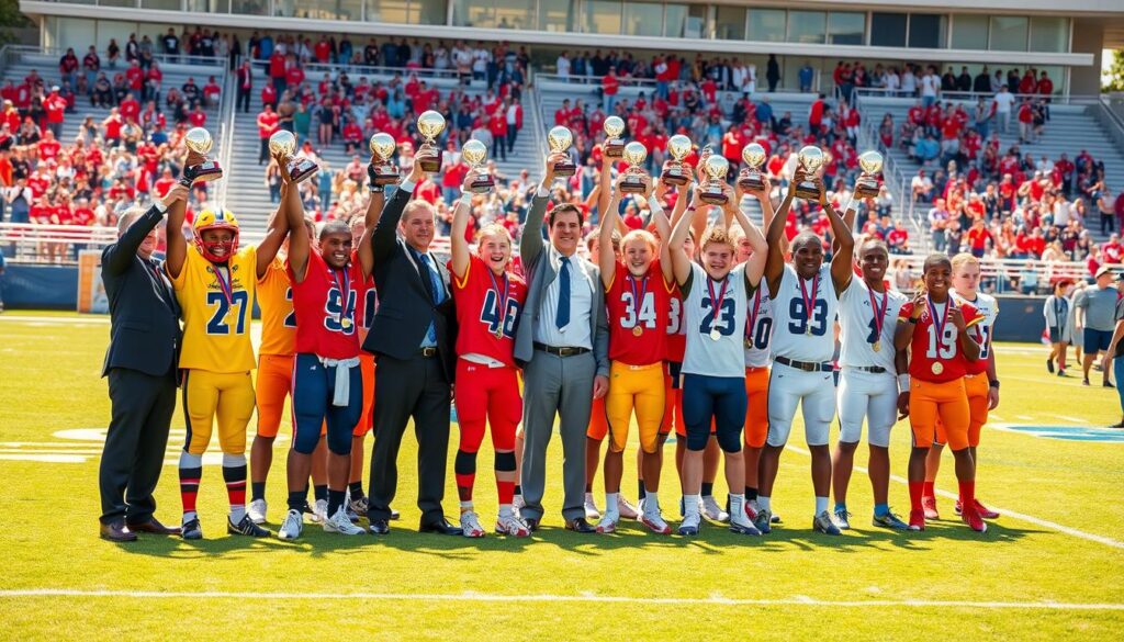 A vibrant and dynamic scene showcasing a diverse group of young athletes celebrating their achievements on a sunny outdoor sports field. In the foreground, several high school football players, wearing colorful uniforms, are proudly holding trophies aloft, their expressions a mix of joy and pride. A few standout individuals dressed in professional business attire stand nearby, representing coaches and mentors. In the middle ground, teammates are gathered, some exchanging high-fives, while others display medals around their necks, emphasizing camaraderie and recognition. The background features a blurred stadium filled with cheering fans, creating an atmosphere of excitement and celebration. The lighting is warm and bright, capturing the essence of a festive sports day. Shot with a wide-angle lens to convey the bustling energy of the event, without any text or logos present.