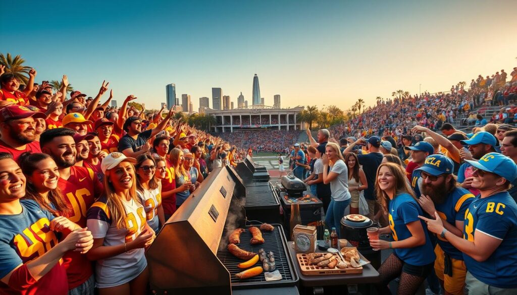 A vibrant scene capturing the electric atmosphere of a USC vs UCLA college football game in Los Angeles. In the foreground, enthusiastic fans dressed in USC's cardinal and gold on one side, contrasting with UCLA’s blue and gold on the other, all sporting jerseys and face paint, cheering passionately. In the middle ground, a lively tailgate setup with fans grilling, playing games, and enjoying food, showcasing the camaraderie of game-day traditions. The background features the iconic LA skyline and the Coliseum, with a clear blue sky, evoking the warm Californian weather. The golden hour sunlight casts a warm glow over the scene, enhancing the joyful mood, with high-energy expressions on the fans’ faces, emphasizing a spirit of rivalry and enthusiasm.