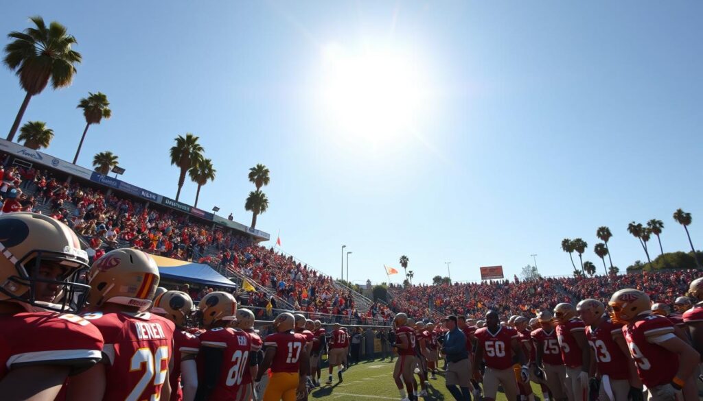 A vibrant scene depicting a Division I neighborhood football rivalry under the warm glow of a late afternoon sun. In the foreground, two groups of players in colorful jerseys exude competitive spirit, their faces showing determination and camaraderie, while coaches shout encouragement from the sidelines. In the middle ground, a packed stadium of enthusiastic fans waves banners and cheers passionately, adorned in team colors. The background features towering palm trees and a clear blue sky typical of LA, with the sun casting long shadows across the field. The atmosphere is electric with excitement and tension, captured at a dynamic angle that showcases both the action on the field and the fervent crowd. The overall mood conveys the intensity of local pride and sportsmanship during this spirited rivalry.