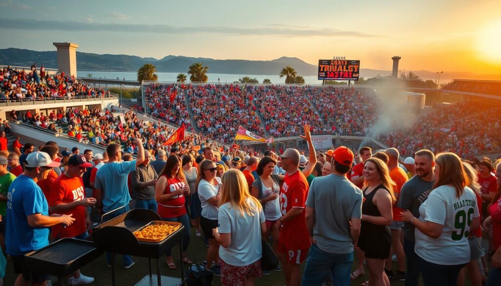 A vibrant scene showcasing game-day traditions in California, centered around a spirited college football rivalry. In the foreground, a diverse group of enthusiastic fans, dressed in team colors and modest casual attire, gather to tailgate. Some are preparing food on portable grills, while others enjoy pre-game festivities. In the middle, a packed stadium filled with excited spectators, waving banners and holding signs, exuding an electric atmosphere. The background features iconic California landmarks, illuminated by the warm glow of a late afternoon sun, adding depth and context. The image conveys a sense of community and tradition, capturing the excitement and anticipation of rivalry week. Use a wide-angle shot to emphasize the crowd and festivities, with soft lighting to enhance the lively yet warm mood.