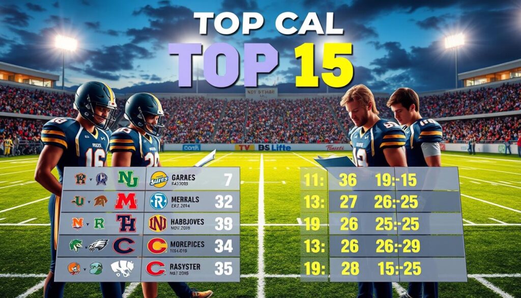 A vibrant, visually striking illustration showcasing a "NorCal Top 15 Football Rankings" concept for an article. In the foreground, a clean and modern ranking board displays dynamic, colorful graphics representing the top 15 high school football teams in Northern California, depicted as numbered slots filled with team logos and colors, evoking a sense of competition. The middle ground features a diverse group of young athletes in professional sports attire, studying scouting reports, deep in discussion, radiating determination and teamwork. The background captures a packed football stadium under evening lights, with cheering fans and the glow of the field illuminating the scene. The atmosphere is energetic and focused, reflecting the competitive spirit of high school football. The image should utilize dramatic lighting to highlight the players and the ranking board in sharp detail, photographed from an angled perspective to add depth.